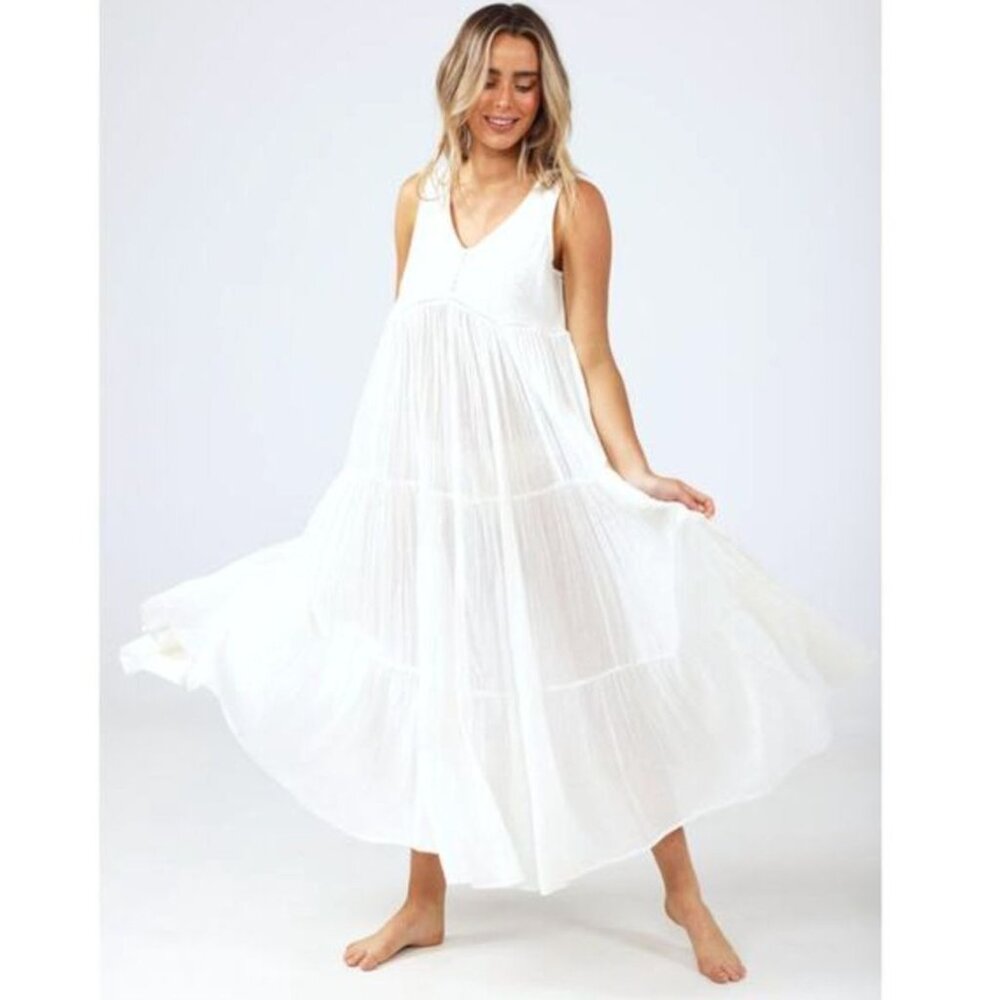 Flowy White V-Neck Tiered Maxi Dress